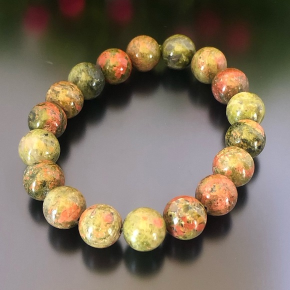 Unakite 10mm Natural Stone Beads Stretchable Bracelet - Picture 2 of 2
